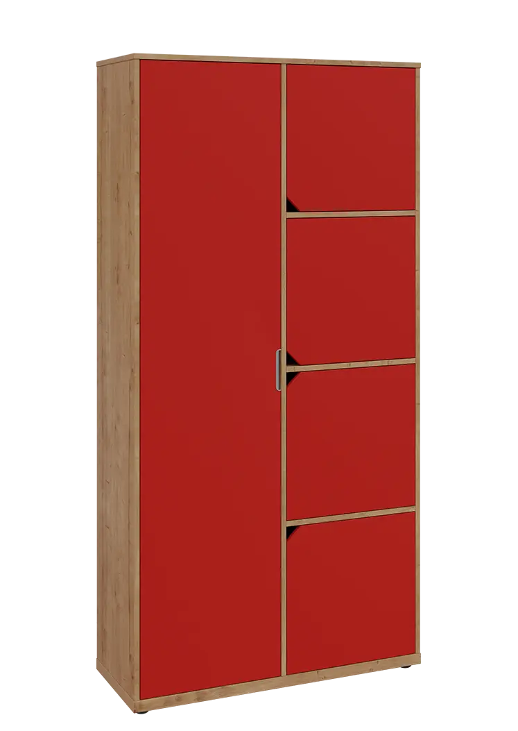 KSR6-82 L skříň šatní, 1x výsuvné ramínko, 4x dvířka, 2053x1022x400 mm, provedení levé, dub lite/červená